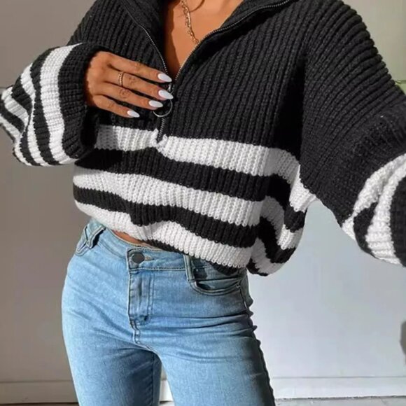 Striped Half Zip Cropped Sweater - Picture 11 of 14